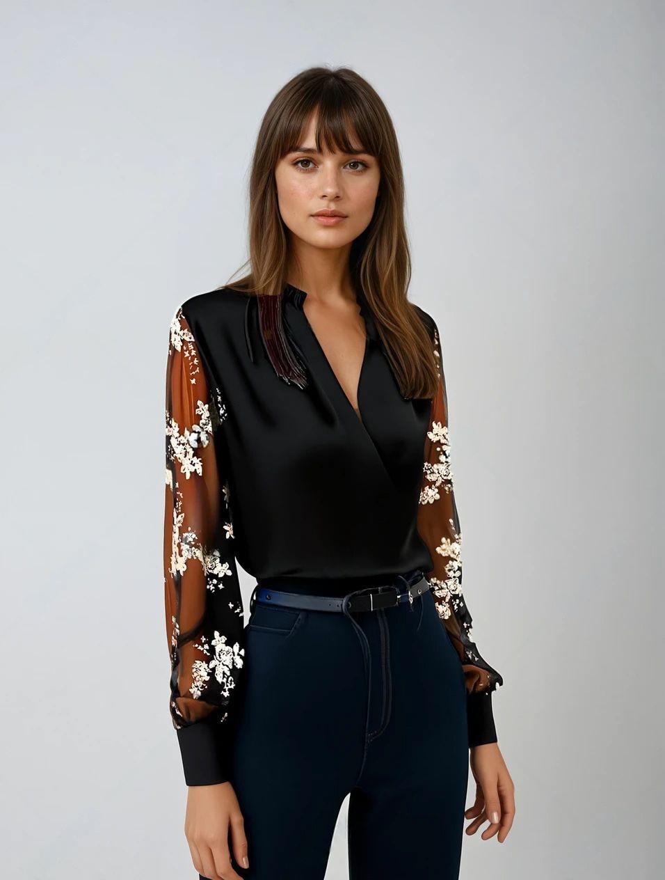 Zwart satijnen blouse met geborduurde mouwen